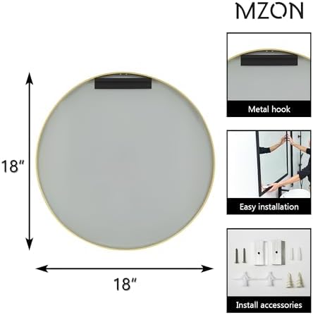 MZON 18-Inch Round Gold Wall Mirror with Tempered Glass