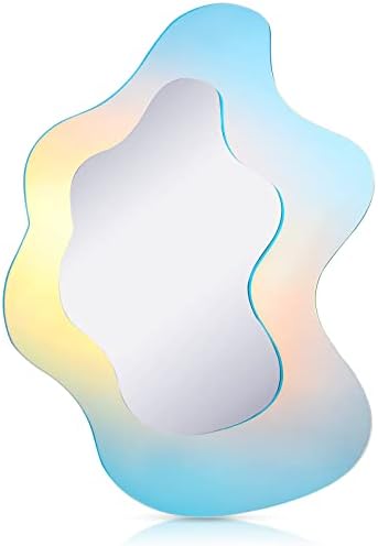 Qunclay Wavy Rainbow Acrylic Mirror with Wooden Base