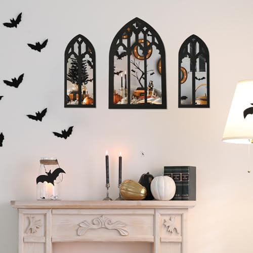 3 Pcs Arched Window Wall Mirror Set with Gothic Design