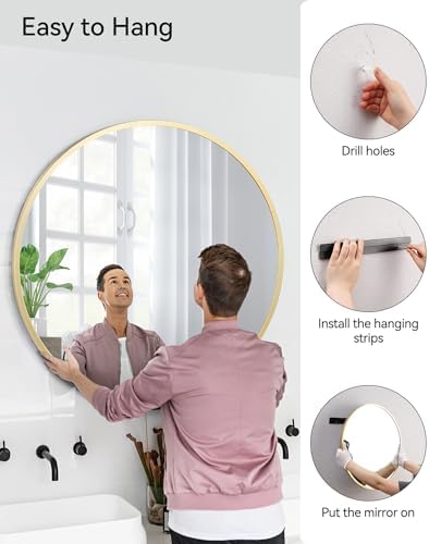 GarveeHome 24-inch Round Mirror with HD Matte Black Metal Frame