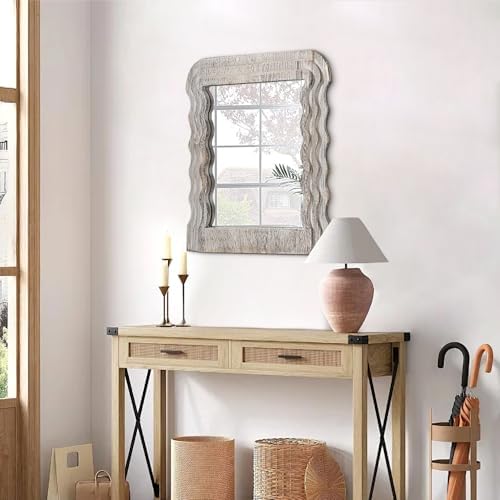 Lzuso Irregular Wood Mirror with Wave Frame