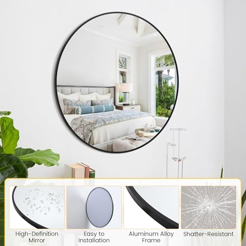 20 Inch Black Round Mirror with Aluminum Frame