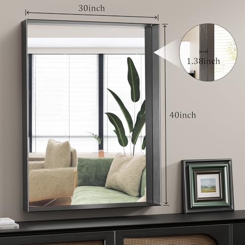 Koonmi 30x40 Inch Black Metal Bathroom Mirror with Tempered Glass