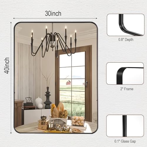40x30 Inch Brushed Black Bathroom Mirror with Round Corners