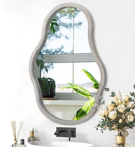 Lzuso Irregular Wavy Wall Mirror with Gray Wooden Frame 1