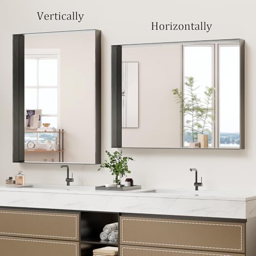 Koonmi 30x40 Inch Black Metal Bathroom Mirror with Tempered Glass