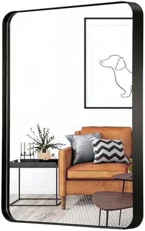 40x30 Inch Brushed Black Bathroom Mirror with Round Corners