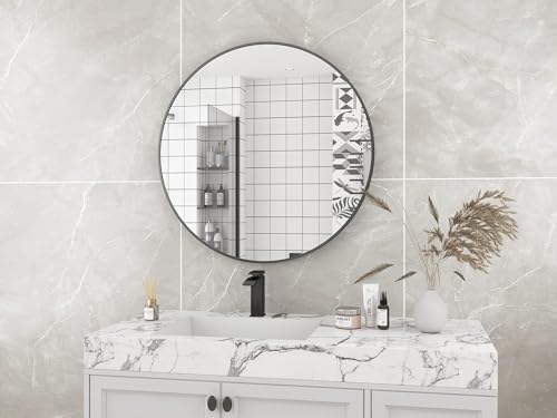 Koonmi 24 Inch Round Black Wall Mirror with Metal Frame