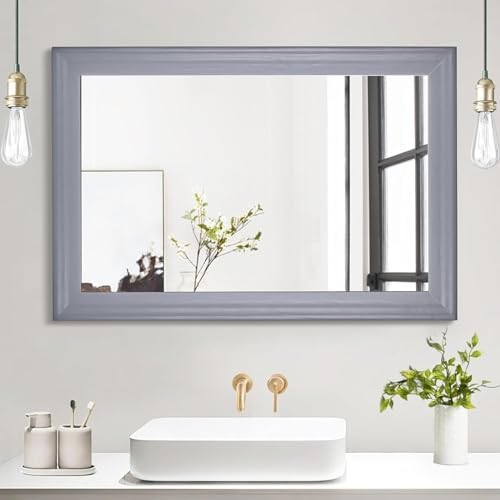 Tanmicoshomy 30x40 Inch Grey Wooden Framed Bathroom Mirror