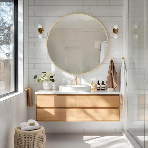 MZON 18-Inch Round Gold Wall Mirror with Tempered Glass