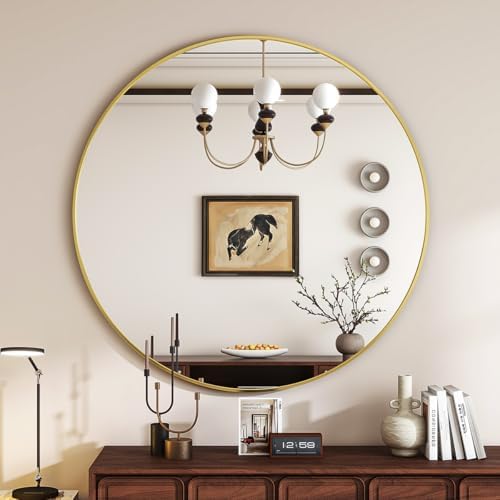 VETROVUE 20 Inch Gold Round Mirror with Metal Frame