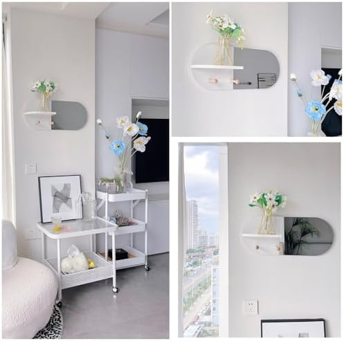 NOIRDA Wall-Mounted Mirror with Shelf and Hooks White