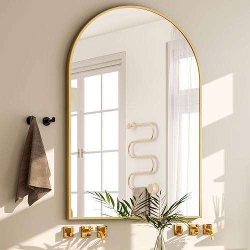 GLSLAND 16x24 Inch Arch Bathroom Mirror with Gold Frame