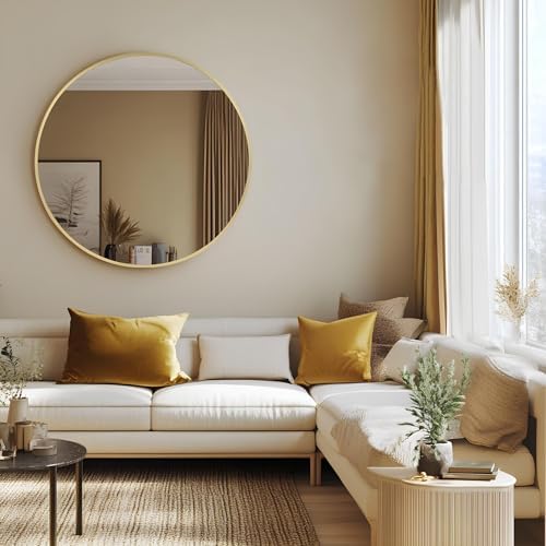 MZON 18-Inch Round Gold Wall Mirror with Tempered Glass