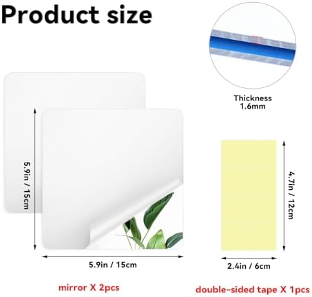 yuntop 2 Pack Self Adhesive Acrylic Wall Mirror 6x6 Inch Shatterproof