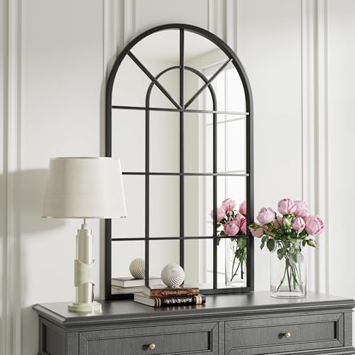 Dewfig Arched Wall Mirror 24x42 Black Iron Frame