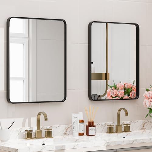 22x30 Inch Black Metal Bathroom Mirror with Round Corners