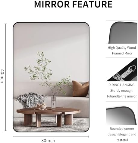 Black Rectangle 30x40 Inch Wall Mirror with Wood Frame