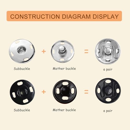 Willrain Sewing Snaps 120 Sets 8mm 10mm Black Silver