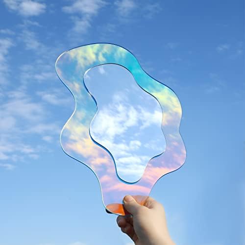 Qunclay Wavy Rainbow Acrylic Mirror with Wooden Base