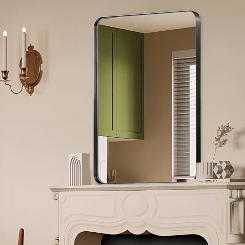40x30 Inch Brushed Black Bathroom Mirror with Round Corners