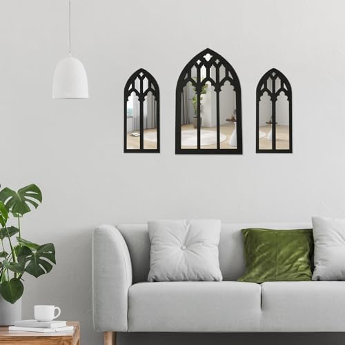 3 Pcs Arched Window Wall Mirror Set with Gothic Design