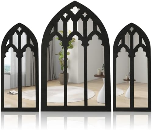 3 Pcs Arched Window Wall Mirror Set with Gothic Design