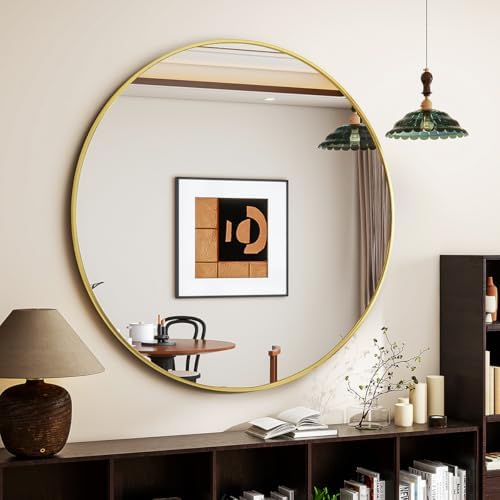 VETROVUE 20 Inch Gold Round Mirror with Metal Frame
