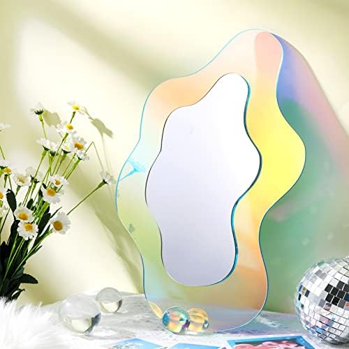 Qunclay Wavy Rainbow Acrylic Mirror with Wooden Base