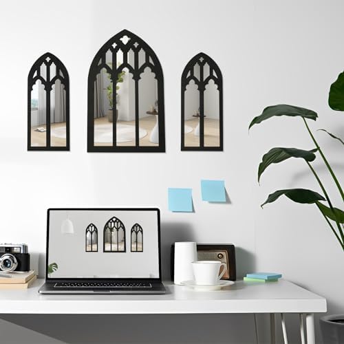 3 Pcs Arched Window Wall Mirror Set with Gothic Design