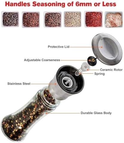 Adjustable Coarseness Salt Pepper Grinder Set - Glass Body Stainless Steel Lid