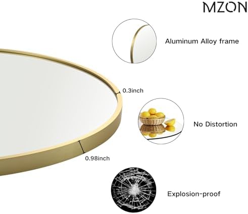 MZON 18-Inch Round Gold Wall Mirror with Tempered Glass