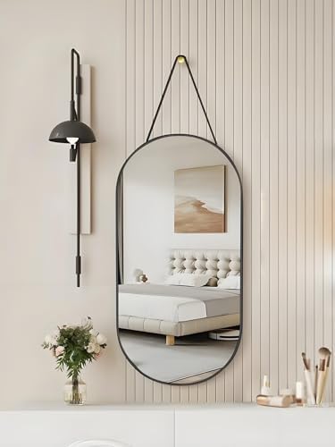 Full Body Mirror with Braided Hanging Rope Black