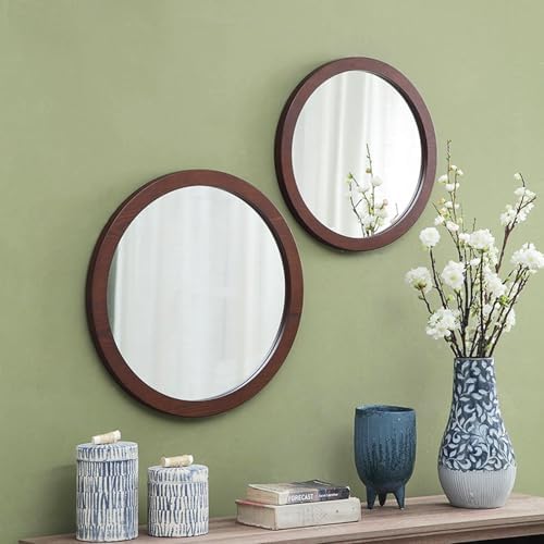 NOIRDA 30cm Round Wall Mirror with Solid Wood Frame