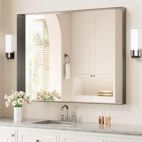 Koonmi 30x40 Inch Black Metal Bathroom Mirror with Tempered Glass