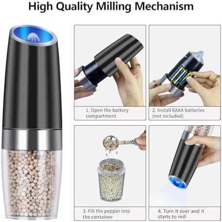 EasyCom Gravity Electric Salt and Pepper Grinder Set 2 Pack Black 1