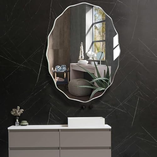 TZUFA Frameless Oval Bathroom Mirror Wavy Beveled 42x53cm