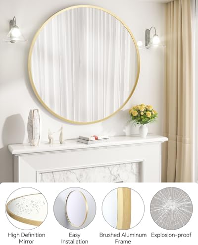 GarveeHome 24-inch Round Mirror with HD Matte Black Metal Frame