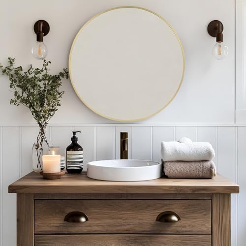 MZON 18-Inch Round Gold Wall Mirror with Tempered Glass