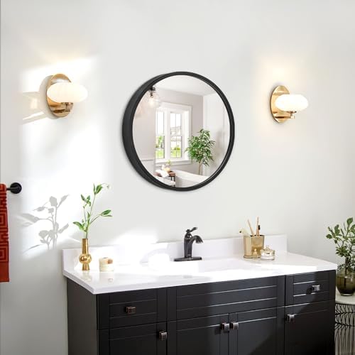 JJUUYOU Round Wall Mirror - Black Circular Bathroom Vanity Mirror