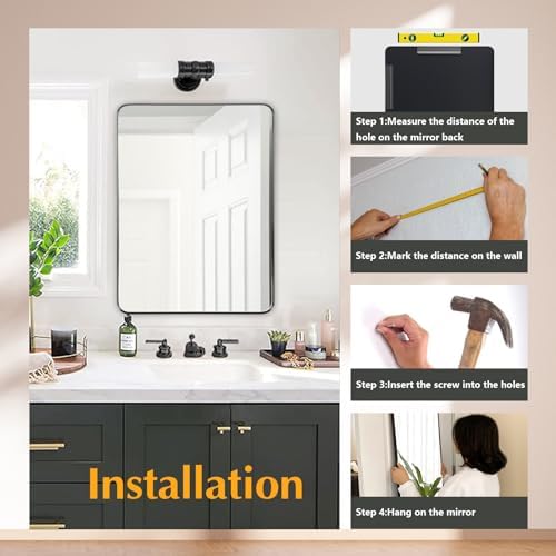 NEWBULIG Round Edge Bathroom Mirror with Thick Black Frame 30x40 Inches