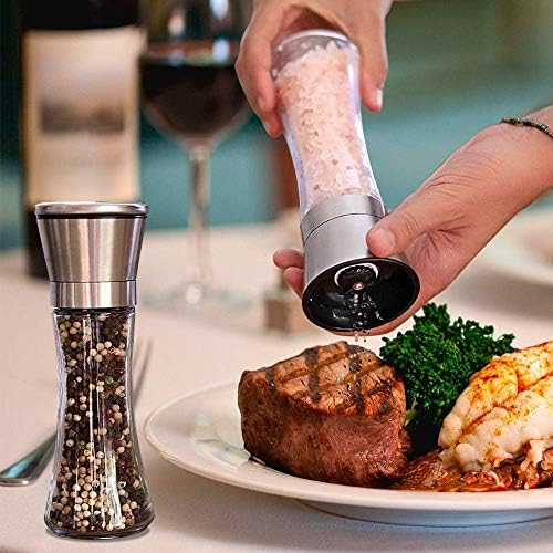 Adjustable Coarseness Salt Pepper Grinder Set - Glass Body Stainless Steel Lid