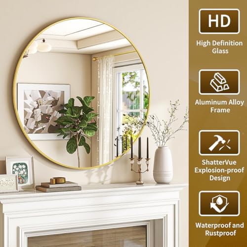 VETROVUE 20 Inch Gold Round Mirror with Metal Frame