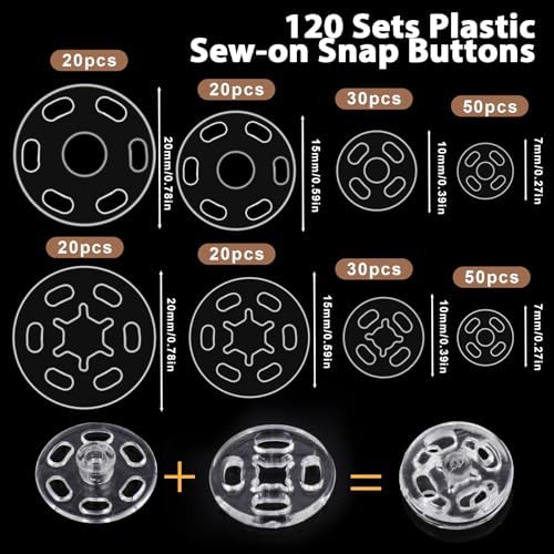 Bewudy 120 Sets Clear Plastic Sew-on Snap Buttons