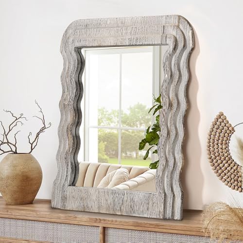 Lzuso Irregular Wood Mirror with Wave Frame