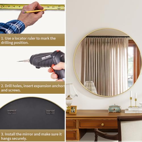 VETROVUE 20 Inch Gold Round Mirror with Metal Frame