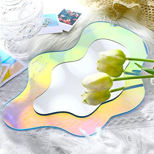 Qunclay Wavy Rainbow Acrylic Mirror with Wooden Base