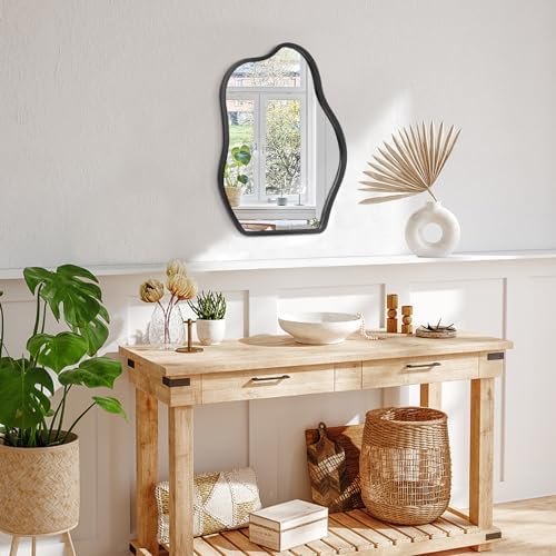Lzuso Asymmetrical Wood Frame Mirror Oval Unique Modern Decor