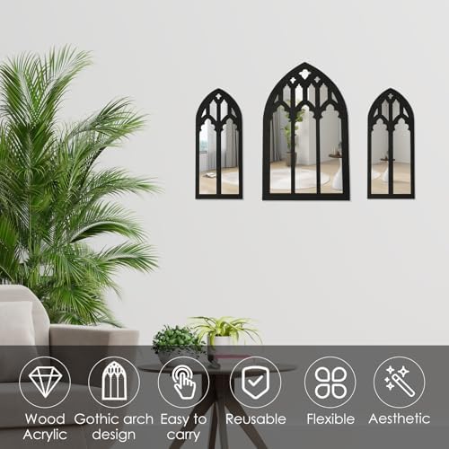 3 Pcs Arched Window Wall Mirror Set with Gothic Design