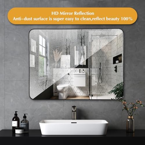 NEWBULIG Round Edge Bathroom Mirror with Thick Black Frame 30x40 Inches